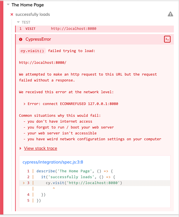 Error in Test Runner showing cy.visit failed